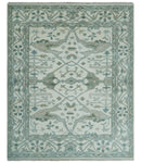 Custom Made Hand Knotted Oriental Oushak Ivory and Teal Wool Area Rug