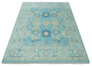 Hand Knotted 8x10 Aqua and Beige Antique Look Oushak Turkish Style Wool Area Rug | TRDCP1109810