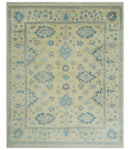 Hand Knotted 8x10 Beige and Teal Antique Oushak Persian Wool Area Rug | TRDCP1183810