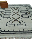 Hand Knotted 8x10 Ivory and Charcoal Wool Traditional Tribal Art Antique South Western Rug |  TRDCP1292810
