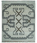 Hand Knotted 8x10 Ivory and Charcoal Wool Traditional Tribal Art Antique South Western Rug |  TRDCP1292810
