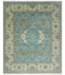 Hand Knotted 8x10 Oriental Oushak Aqua and Beige Wool Area Rug | TRDCP1194810