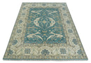 Hand Knotted 8x10 Oriental Oushak Aqua and Beige Wool Area Rug | TRDCP1200810