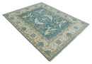 Hand Knotted 8x10 Oriental Oushak Aqua and Beige Wool Area Rug | TRDCP1200810
