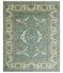 Hand Knotted 8x10 Oriental Oushak Aqua, Ivory and Silver Wool Area Rug | TRDCP1180810