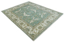 Hand Knotted 8x10 Oriental Oushak Aqua, Ivory and Silver Wool Area Rug | TRDCP1180810