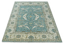 Hand Knotted 8x10 Oriental Oushak Aqua, Ivory and Silver Wool Area Rug | TRDCP1199810