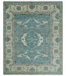 Hand Knotted 8x10 Oriental Oushak Aqua, Ivory and Silver Wool Area Rug | TRDCP1199810
