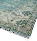 Hand Knotted 8x10 Oriental Oushak Aqua, Ivory and Silver Wool Area Rug | TRDCP1199810