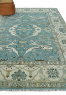 Hand Knotted 8x10 Oriental Oushak Aqua, Ivory and Silver Wool Area Rug | TRDCP1199810