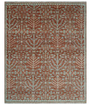 Hand knotted 8x10 Rust and Aqua Floral wool Area Rug