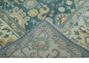 Hand Knotted 9x12 Blue, Ivory and Beige Antique Finish Turkish Style Oushak Wool Area Rug | TRDCP1084912