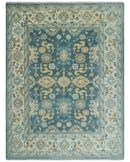 Hand Knotted 9x12 Blue, Ivory and Beige Antique Finish Turkish Style Oushak Wool Area Rug | TRDCP1084912