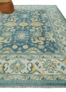 Hand Knotted 9x12 Blue, Ivory and Beige Antique Finish Turkish Style Oushak Wool Area Rug | TRDCP1084912