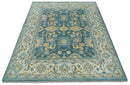 Hand Knotted 9x12 Blue, Ivory and Beige Antique Finish Turkish Style Oushak Wool Area Rug | TRDCP1084912