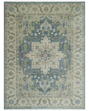 Hand Knotted 9x12 Ivory, Gray, Beige and Olive  Traditional Vintage Heriz Serapi Wool Rug | TRDCP1041912