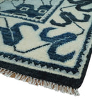 Hand Knotted Antique 8x10 Ivory and Blue Traditional Heriz Serapi Wool Rug | TRDCP859810