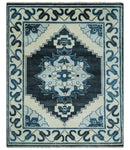 Hand Knotted Antique 8x10 Ivory and Blue Traditional Heriz Serapi Wool Rug | TRDCP859810