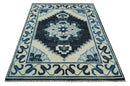 Hand Knotted Antique 8x10 Ivory and Blue Traditional Heriz Serapi Wool Rug | TRDCP859810