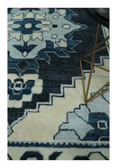 Hand Knotted Antique 8x10 Ivory and Blue Traditional Heriz Serapi Wool Rug | TRDCP859810