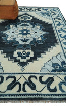 Hand Knotted Antique 8x10 Ivory and Blue Traditional Heriz Serapi Wool Rug | TRDCP859810