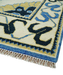 Hand Knotted Antique 8x10 Ivory, Blue and Beige Traditional Heriz Serapi Wool Rug | TRDCP861810