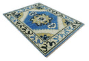 Hand Knotted Antique 8x10 Ivory, Blue and Beige Traditional Heriz Serapi Wool Rug | TRDCP861810