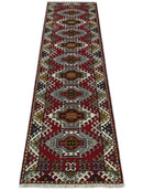 Hand Knotted 2.8x10 Traditional Kazak Ivory and Red Wool Area Rug