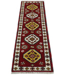 Traditional Kazak Red and Ivory Hand Knotted Wool 2x7 Area Rug
