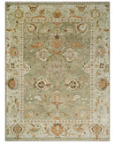 Hand Knotted Olive and Ivory Traditional Oushak Wool Rug