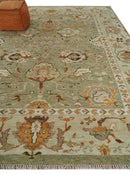 Hand Knotted Olive and Ivory Traditional Oushak Wool Rug