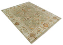 Hand Knotted Olive and Ivory Traditional Oushak Wool Rug