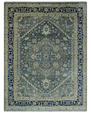 Custom Made Hand Knotted Beige and Blue Traditional Heriz  Wool Area Rug