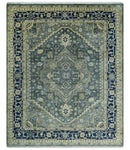 Custom Made Hand Knotted Beige and Blue Traditional Heriz  Wool Area Rug