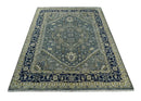 Custom Made Hand Knotted Beige and Blue Traditional Heriz  Wool Area Rug