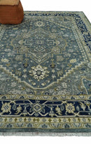 Custom Made Hand Knotted Beige and Blue Traditional Heriz  Wool Area Rug
