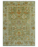 Hand Knotted Olive and Ivory Traditional Oushak Wool Rug