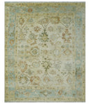 Hand Knotted Antique Style Beige and Silver 8x10 Oushak Wool Area Rug
