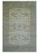 Hand Knotted Beige And Blue Traditional Oushak Design 6x9 Wool Rug