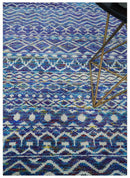 Hand Knotted Blue and Ivory 5.6x8.5 Modern Contemporary Southwestern Tribal Trellis Recycled Art Silk Area Rug