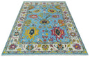 Custom Made Hand Knotted Blue and Ivory Traditional Oushak Wool Area Rug