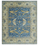 Hand Knotted Blue, Beige and Olive Oriental Oushak 8x10 Wool Area Rug