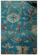 Hand Knotted Blue, Ivory and Maroon Oriental Oushak 9x12 Traditional Wool Area Rug