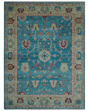 Hand Knotted Blue, Ivory and Maroon Oriental Oushak 9x12 Traditional Wool Area Rug