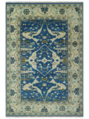 Hand Knotted Blue, Ivory and Olive 6x9 Oriental Oushak wool area rug