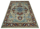 Hand Knotted Blue, Ivory and Rust Antique Persian Heriz Serapi Wool Rug