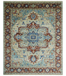 Hand Knotted Blue, Ivory and Rust Antique Persian Heriz Serapi Wool Rug