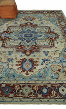 Hand Knotted Blue, Ivory and Rust Antique Persian Heriz Serapi Wool Rug