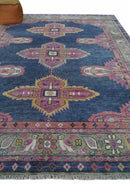 Hand Knotted Blue, Silver and Pink Traditional Heriz Serapi Wool Rug, Living Room and Bedroom Rug