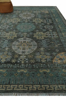 Hand Knotted Charcoal, and Aqua Oriental Khotan Multi Size Traditional Wool Area Rug